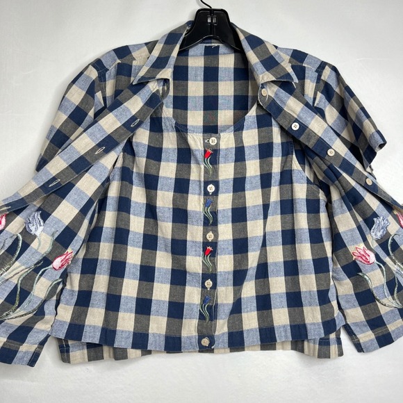 RARE Vintage 2-in-1 Blue Gingham Embroidered Shirt & Vest Women M Tulips Twofer - Picture 2 of 15